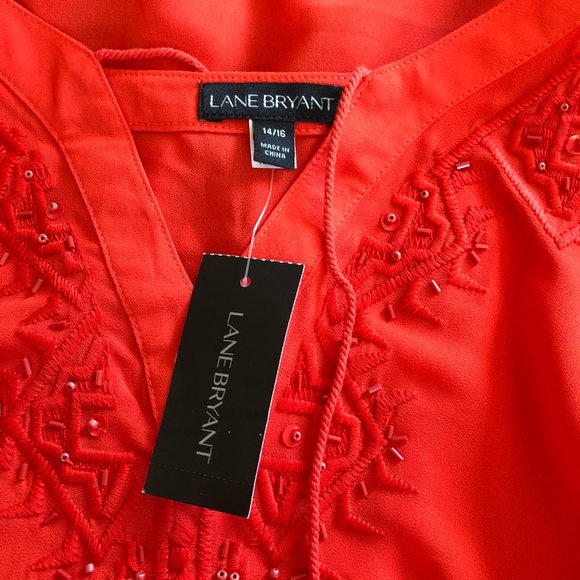 Lane Bryant Artist Top Beaded Embroidered Sheer Blouse Orange Red Size 14/16 - Picture 5 of 6